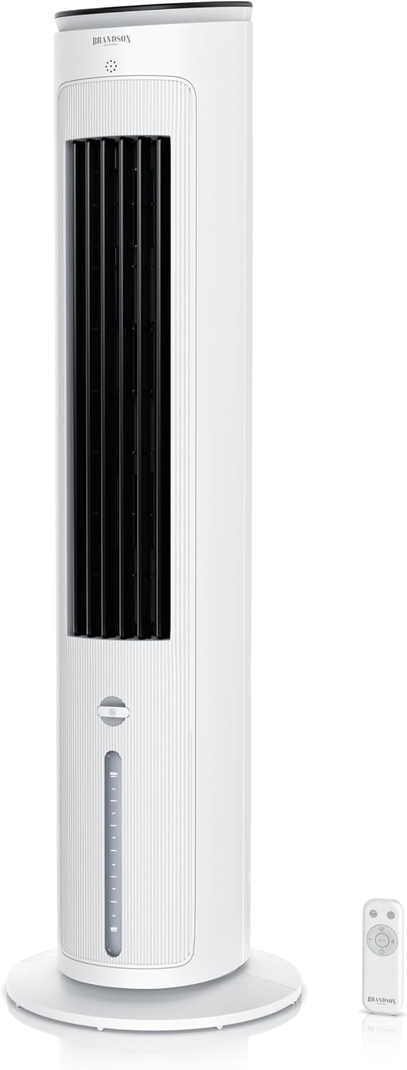 Ventoinha de torre, Brandson, 5L, 3 níveis, com comando à distância, com temporizador, com bateria, Branco / Preto, para uso diário
