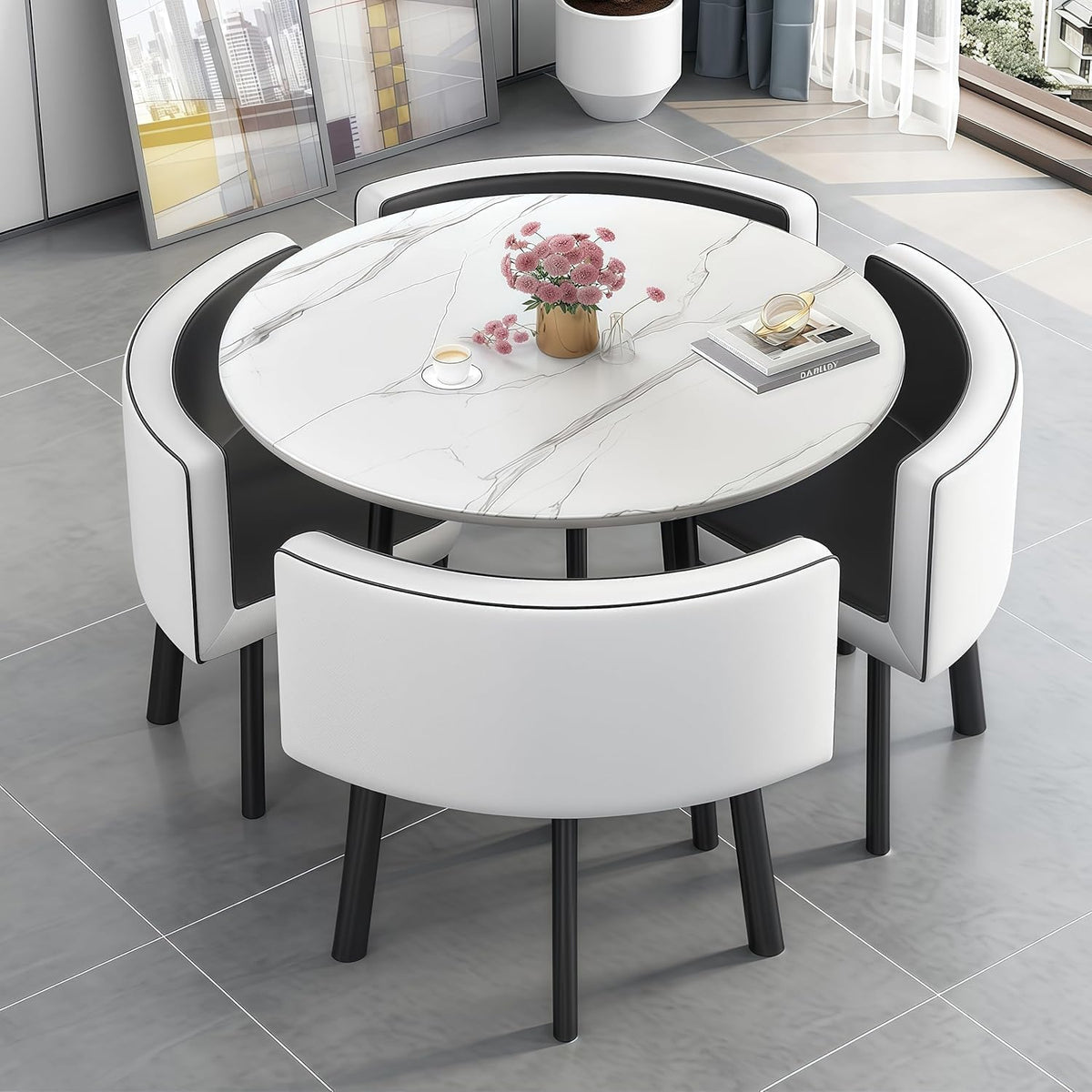 Mesa de jantar, AMZSEW, 90cm, com portas, madeira, pele sintética, Branco / Preto, para uso diário