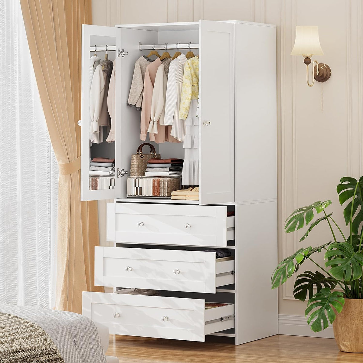 Roupeiro, VOWNER, 80 × 180 × 48 cm, com gavetas, com portas, madeira, Branco, para o quarto