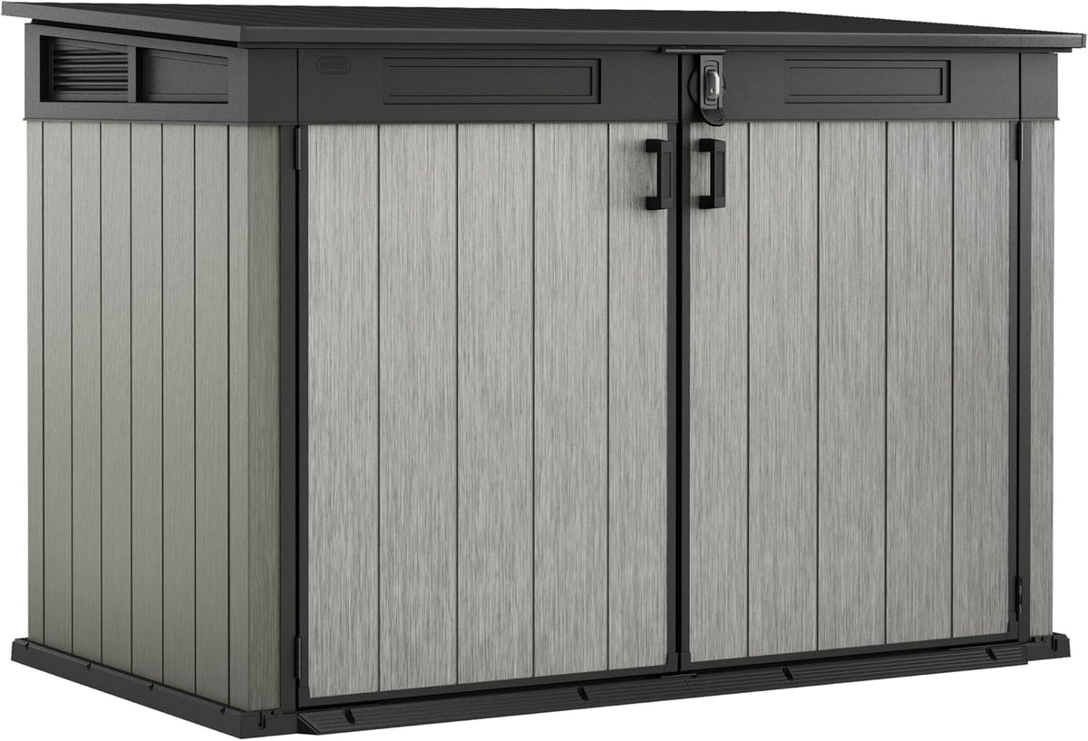 Abrigo de jardim, Keter, Grande, 132,5 cm, 190,5 × 109,3 × 132,5 cm, 2020 L, 240 L, 123,6 cm, regulável, madeira, plástico, Cinzento / Castanho