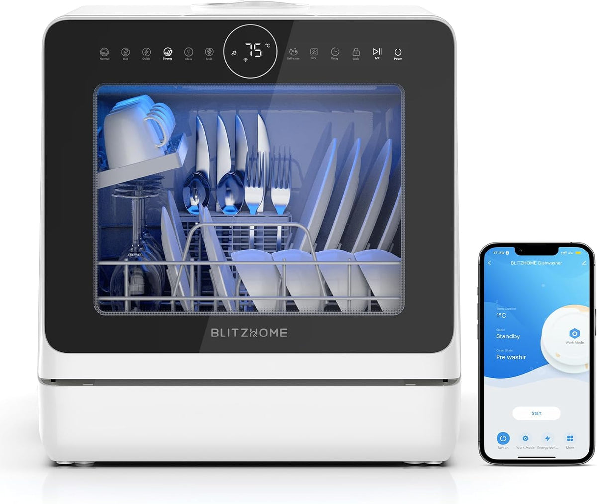 Máquina de lavar loiça, BLITZHOME, Geschirrsp, 5L, 2 programas, 26,7 cm, 8 programas, com função de autolimpeza, com controlo por aplicação, vidro