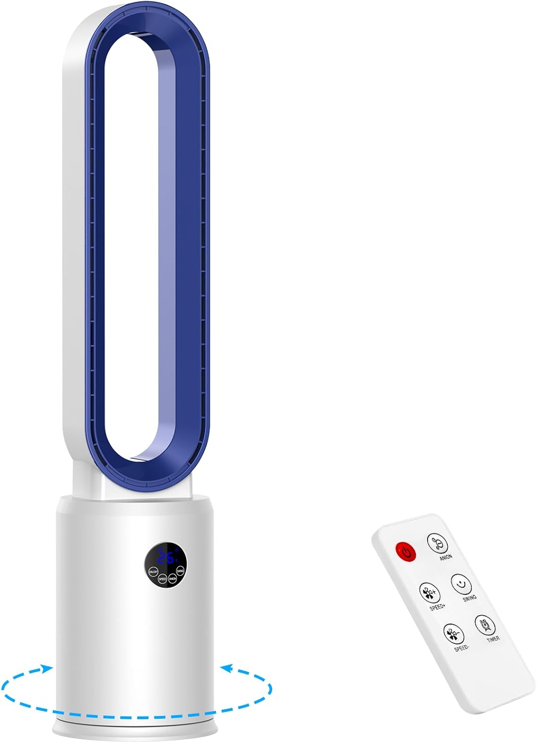 Ventoinha de torre, YAZEKY, Turmventilator, 97cm, 24 níveis, com comando à distância, com temporizador, Branco / Azul, para uso diário