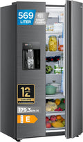 Frigorífico combinado, Midea, Side-by-Side, 569 L, 179,3 cm, 372L, 197L, com controlo por aplicação, Prateado, para uso diário