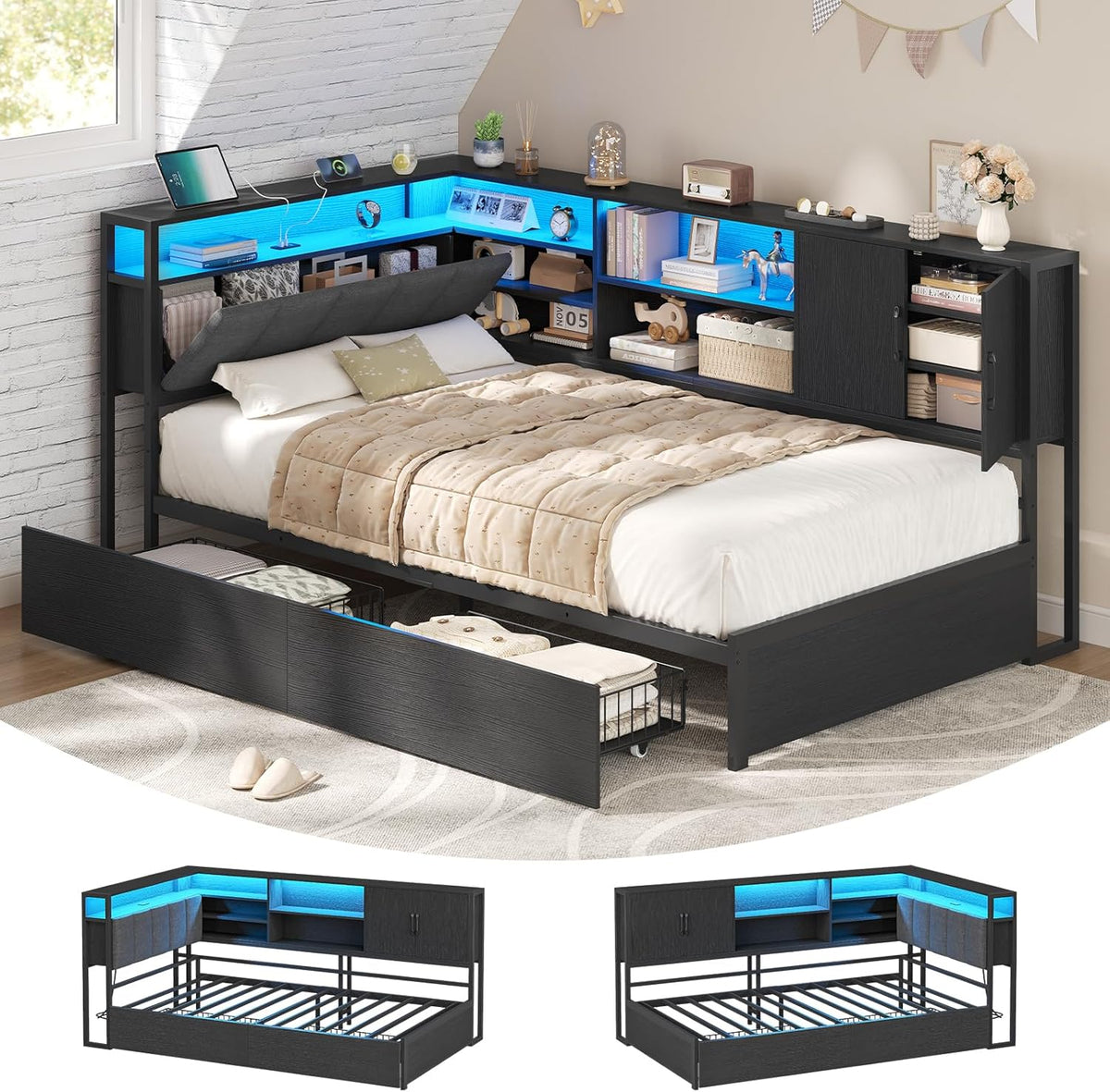 Cama, KIMENICH, Polsterbett, altura regulável, regulável, com iluminação LED, metal, Preto / Azul, para o quarto