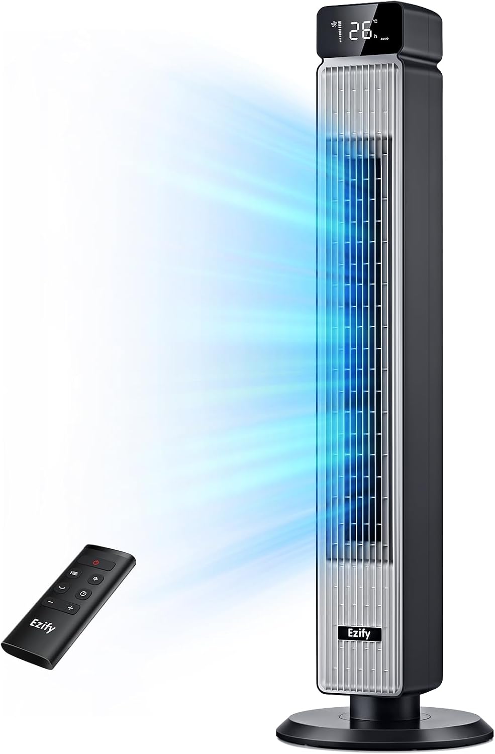 Ventoinha de torre, Ezify, 30 dB, 6 níveis, 1300 U/min, com comando à distância, com temporizador, Preto / Prateado, para uso diário