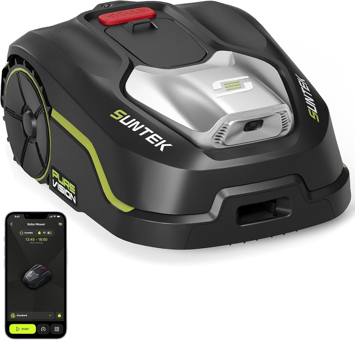 Robô corta-relva, SUNTEK, SRM2025, 3 cm, 6 cm, 20V, 2,5 Ah, resistente à água, regulável, com controlo por aplicação, Preto / Prateado / Vermelho