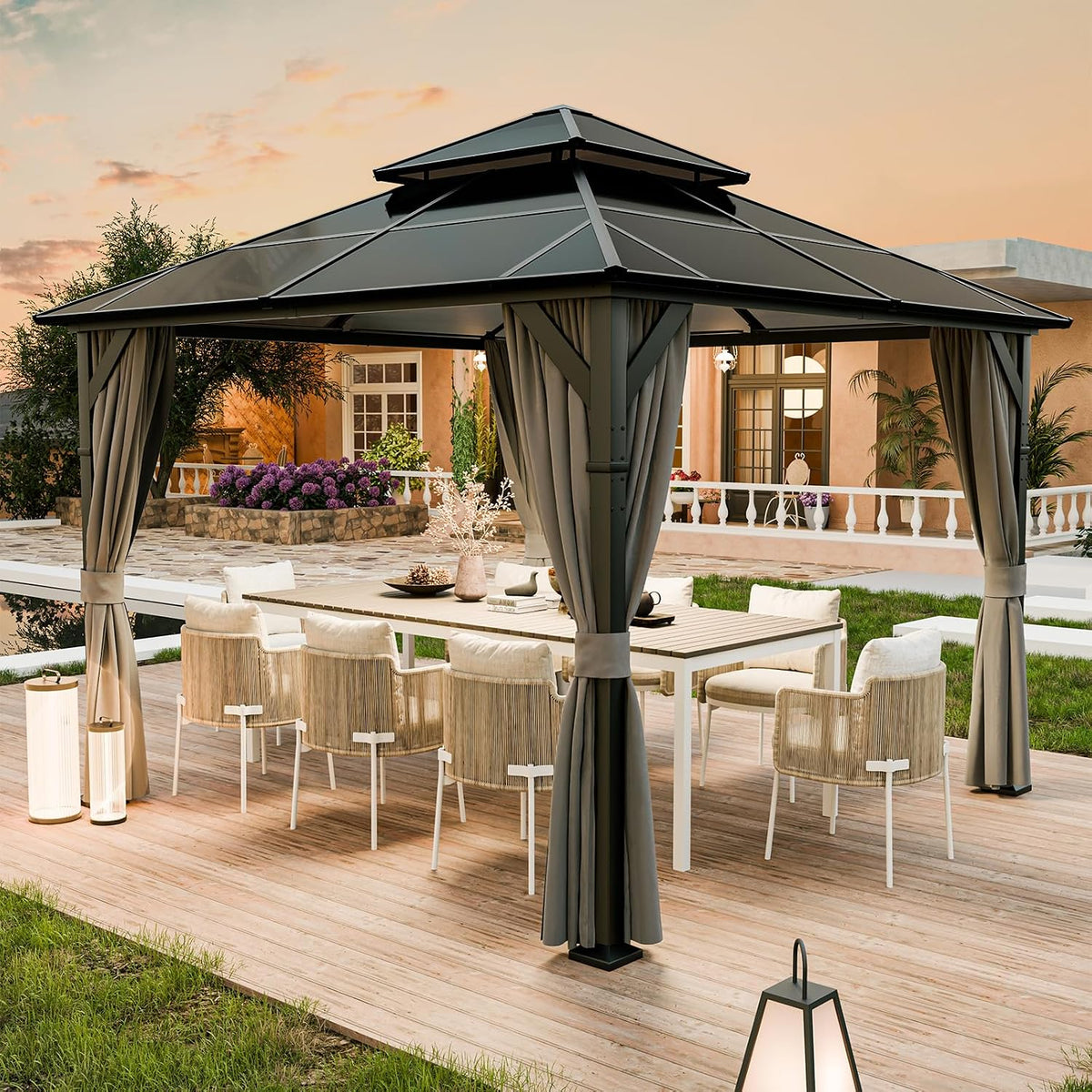 Tenda de jardim, UDPATIO, 3x3, 3 × 3 m, 6 × 6 cm, resistente à água, com temporizador, Cinzento, para utilização no exterior