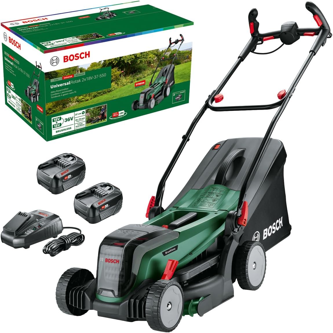 Bosch, Corta-relva, Akku-Rasenm, 18V, 40 l, 37 cm, 12,4 kg, 13,7 kg, com bateria, sem bateria, Verde / Preto, para utilização no exterior