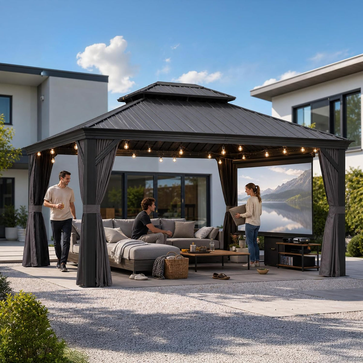 Tenda de jardim, PURPLE LEAF, Gartenpavillon, 3.65 × 4.25 m, 24 V, 365W, 425L, 12 cm, resistente à água, aço, alumínio, Cinzento