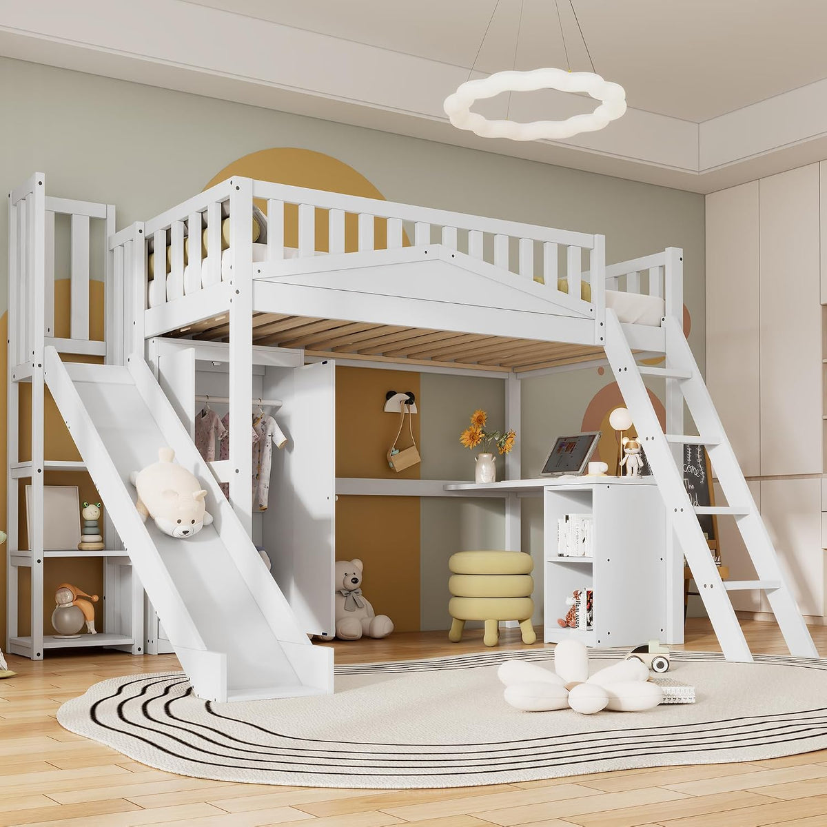 Cama, Huayz, com prateleiras, sem colchão, madeira, painel de madeira, Branco, para o quarto
