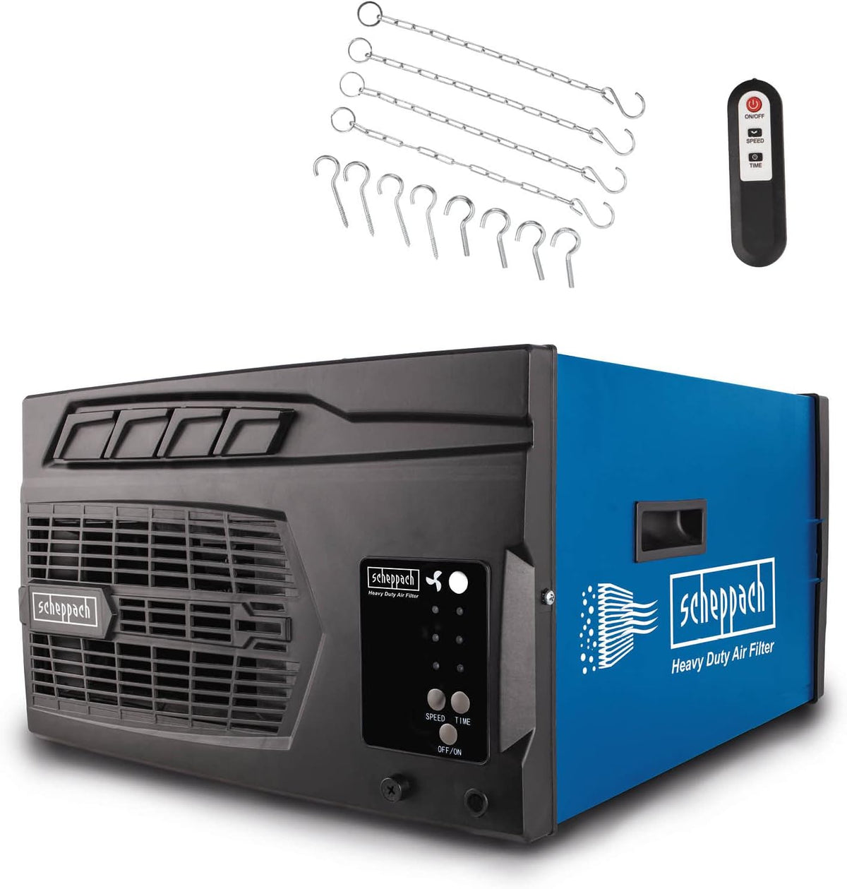 Purificador de ar, Scheppach, Luftreiniger, 50 dB, 3 níveis, 230V, 55dB, 60dB, com comando à distância, com temporizador, madeira, Preto / Azul
