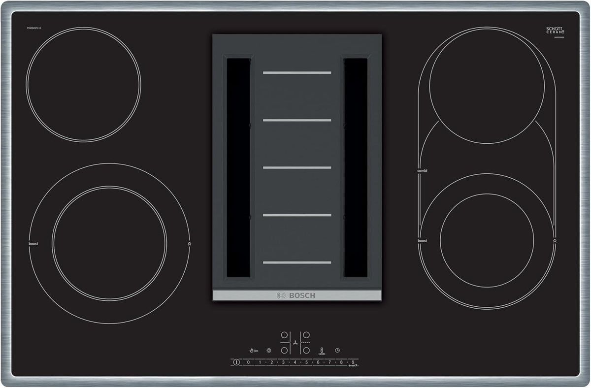 Bosch, Placa de cozinha, PKM845F11E, 80 cm, 3 kW, 75 dB, 204 × 795 × 517 mm, 17 níveis, com temporizador, Preto / Prateado, para a cozinha