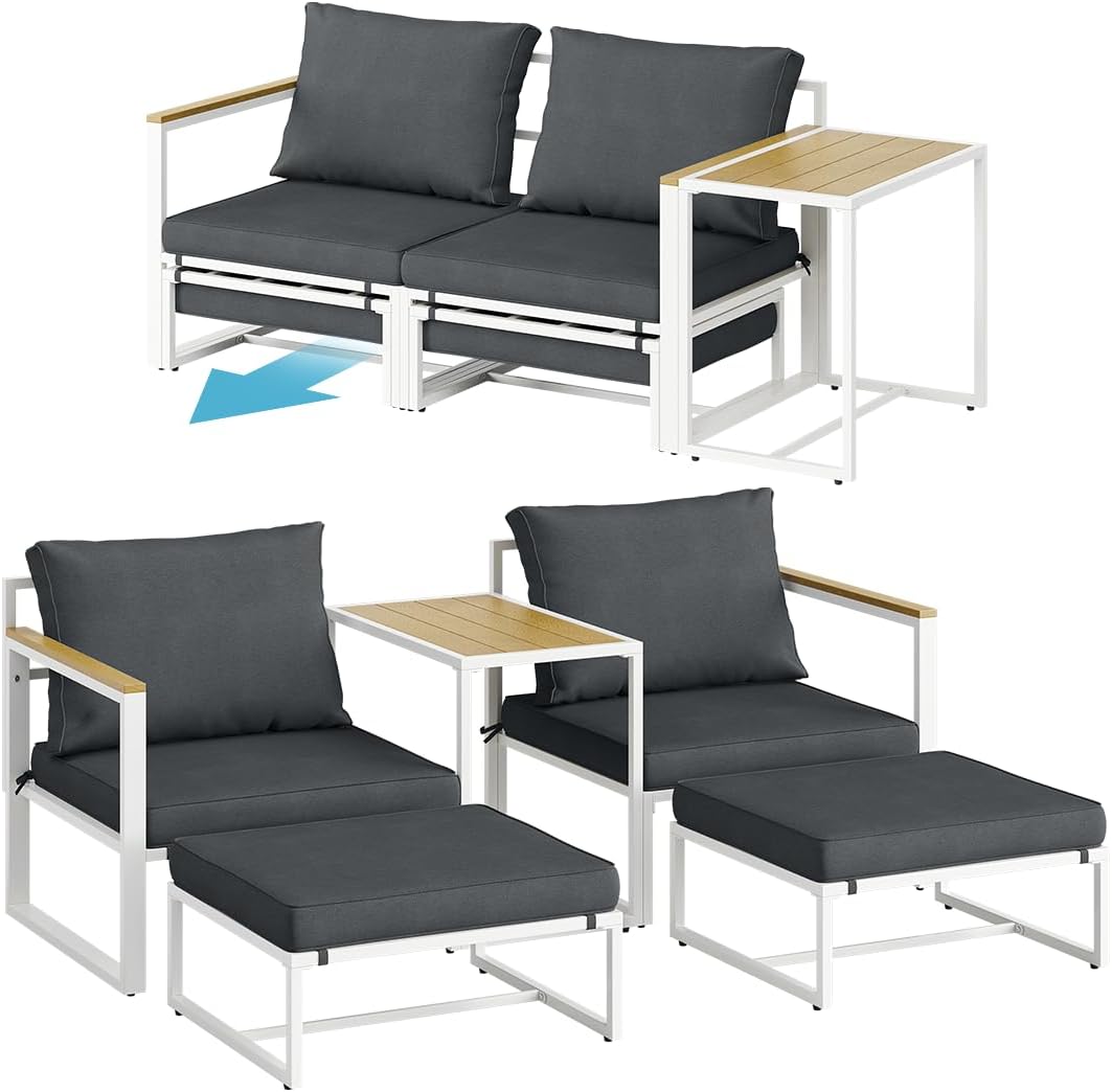 Conjunto de mobiliário de jardim, STEELSØN, Asteri, 63 cm, 30 cm, 53 cm, 160 kg, 75 kg, aço, madeira, Branco / Antracite / HellCastanho