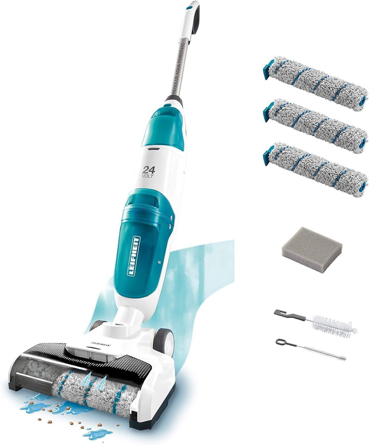 Aspirador de sólidos e líquidos, Leifheit, 24V, com função de autolimpeza, com bateria, madeira, plástico, Branco / Azul, para uso diário