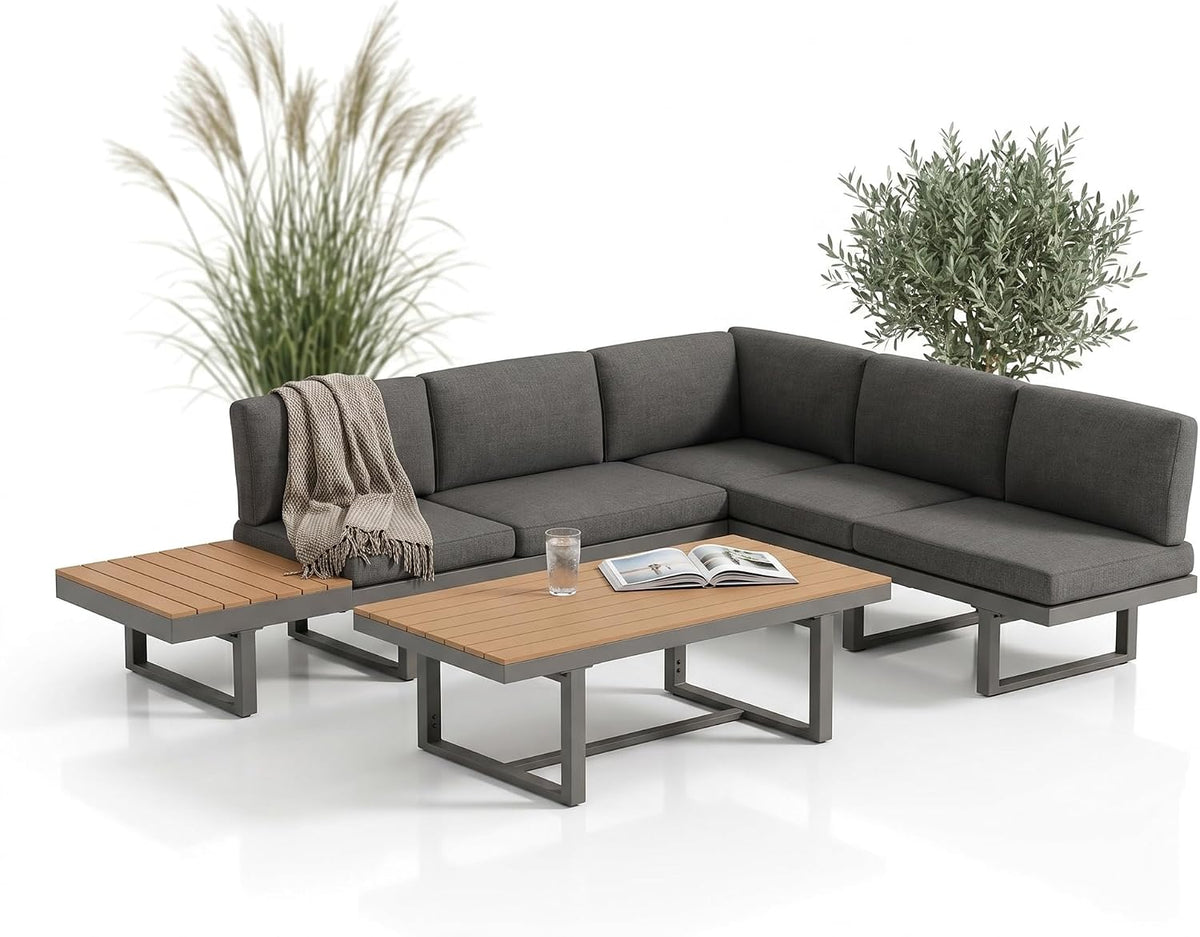 Conjunto de mobiliário de jardim, Mucola, Gartenm, altura regulável, regulável, alumínio, Cinzento / Castanho, para utilização no exterior