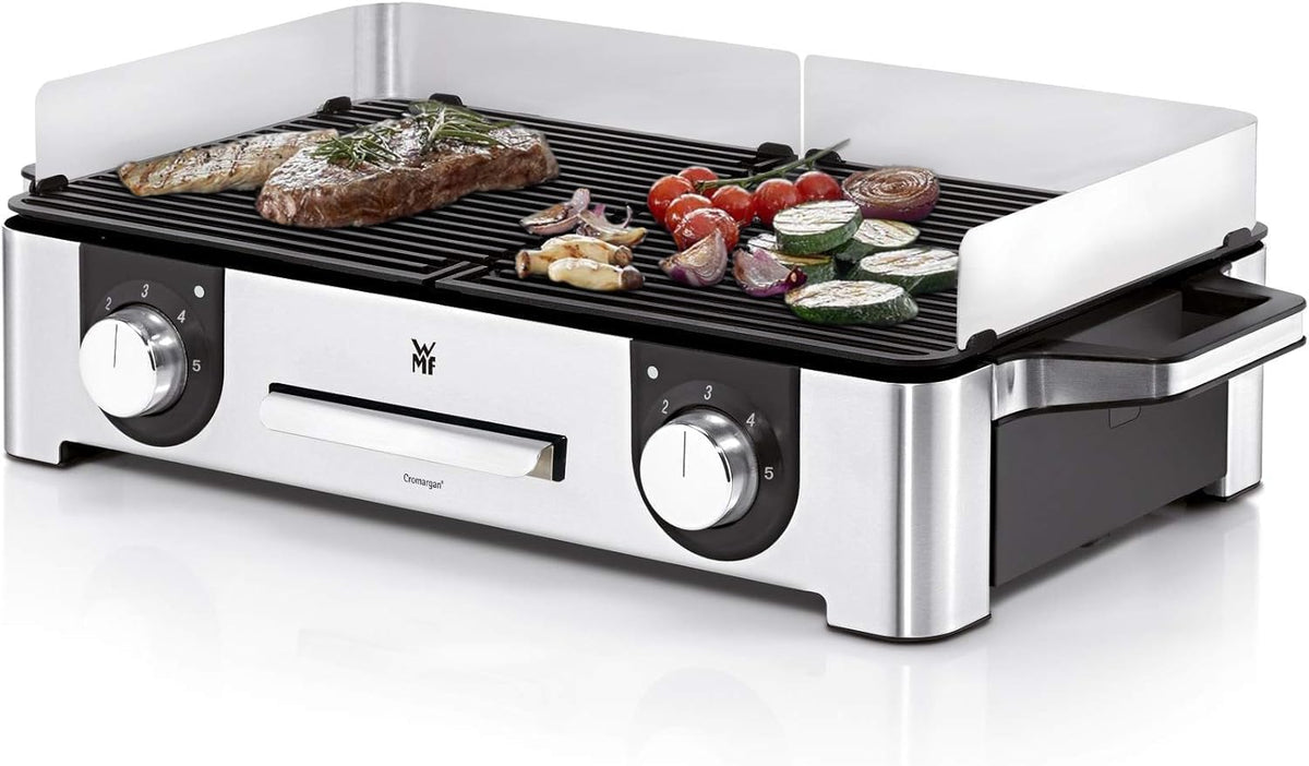 Grelhador elétrico de mesa, WMF, Lono, 2400 W, 50 × 28 cm, 17 cm, 1200 W, 6 cm, com iluminação LED, aço inoxidável, aço, Prateado / Preto