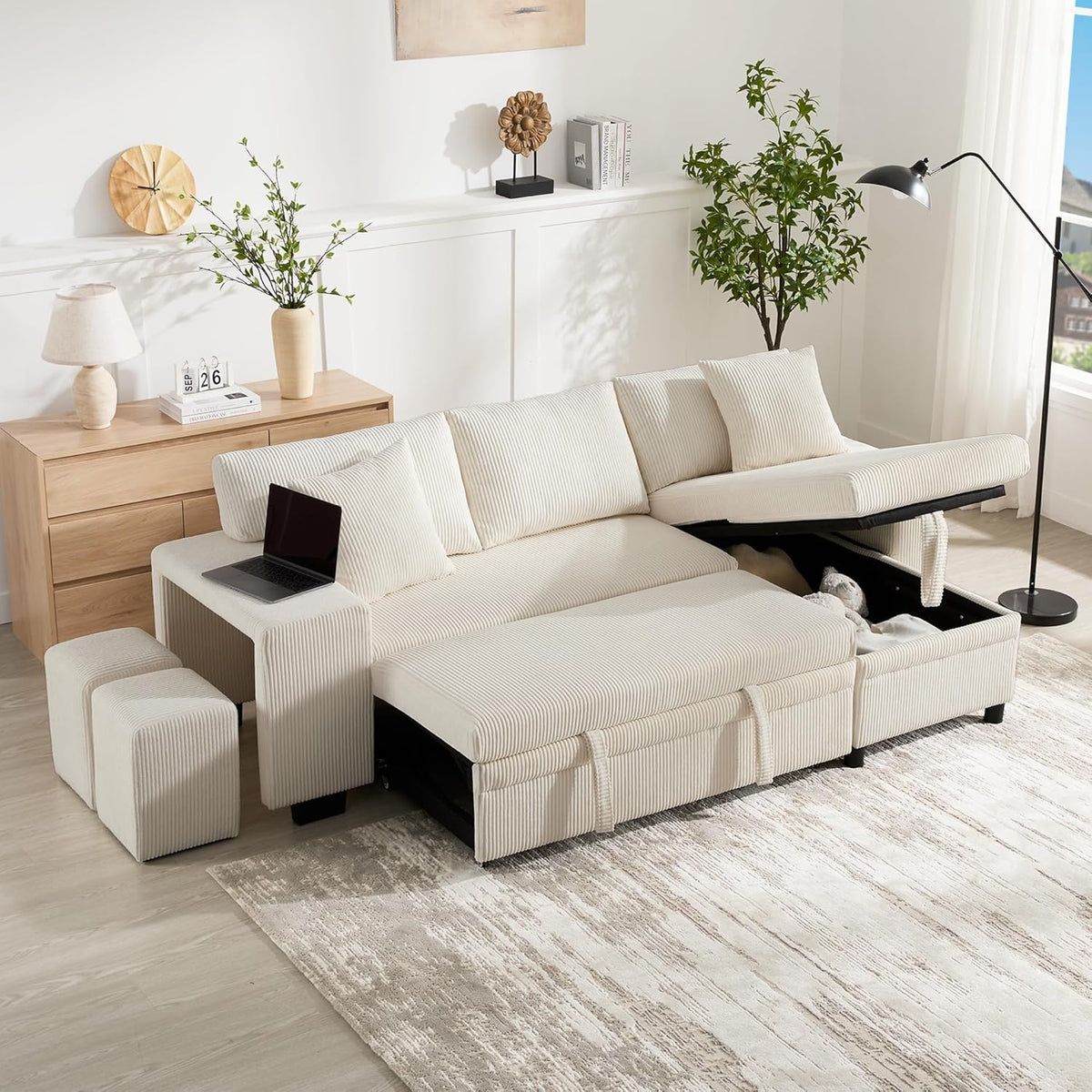 Sofá, DRIXNO, Klappsofa, 84 cm, 231 × 131,5 × 84 cm, com prateleiras, Bege, para a sala