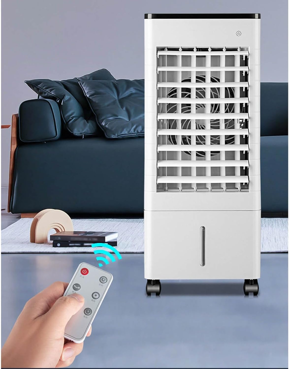 Climatizador evaporativo, Generisch, 9L, com comando à distância, com temporizador, com rodas, Branco / Preto, para uso diário