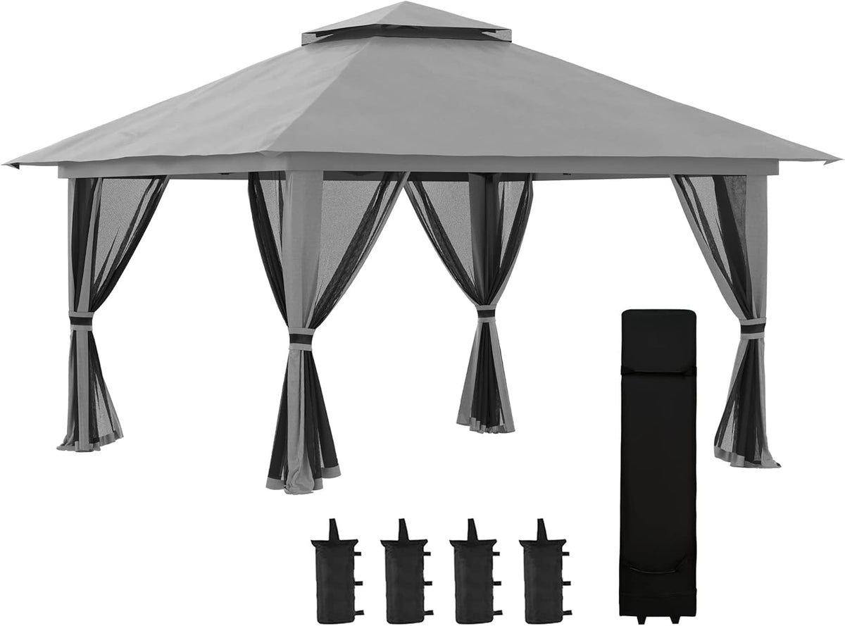 Gazebo de jardim, Outsunny, 4 × 4m, 12,5 kg, 9,5 kg, 392L, 25L, dobrável, altura regulável, regulável, poliéster, tecido, DunkelCinzento