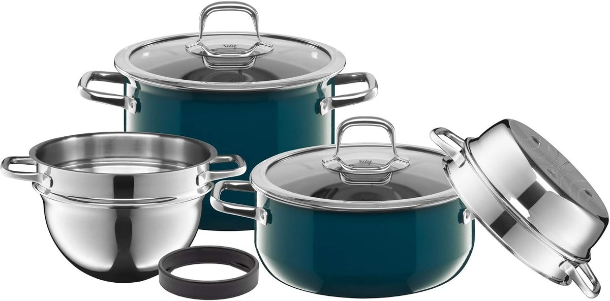 Conjunto de panelas, Silit, Compact, 22 cm, 3,2l, 4,4l, aço, vidro, Petrol / Edelstahl, para a cozinha