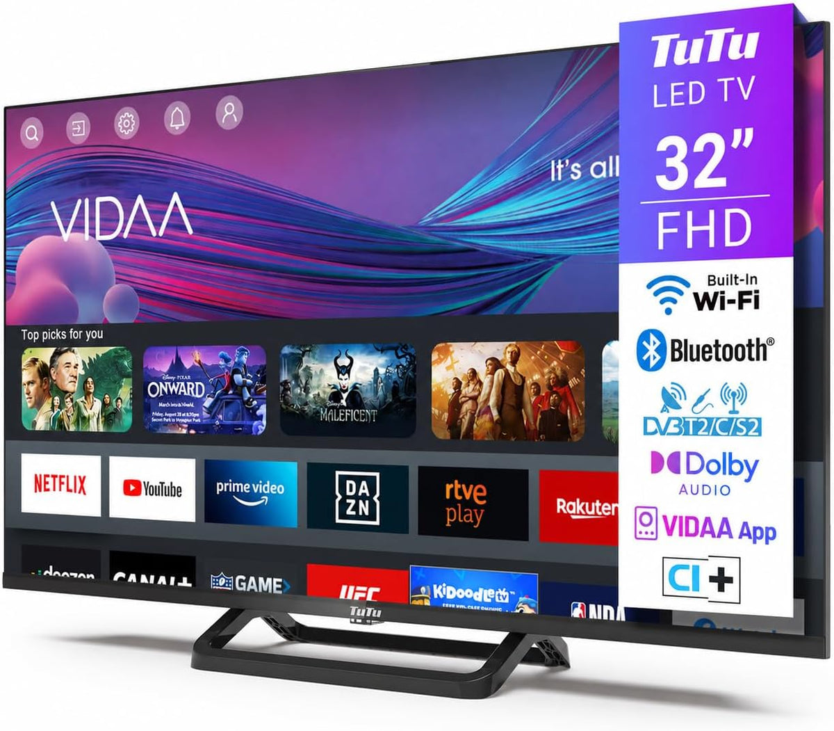 Televisor portátil, TuTu, TUV32FN1B, 12,4 kg, 100 × 100 mm, com iluminação LED, com controlo por aplicação, plástico, Multicolor, para a sala
