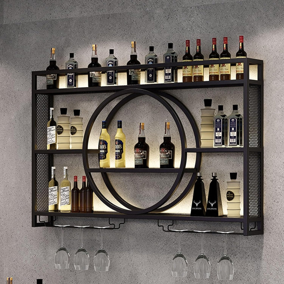 Garrafeira, Generisch, Wandmontierte, 140 × 80 × 15cm, com prateleiras, vidro, metal, Preto, para uso diário