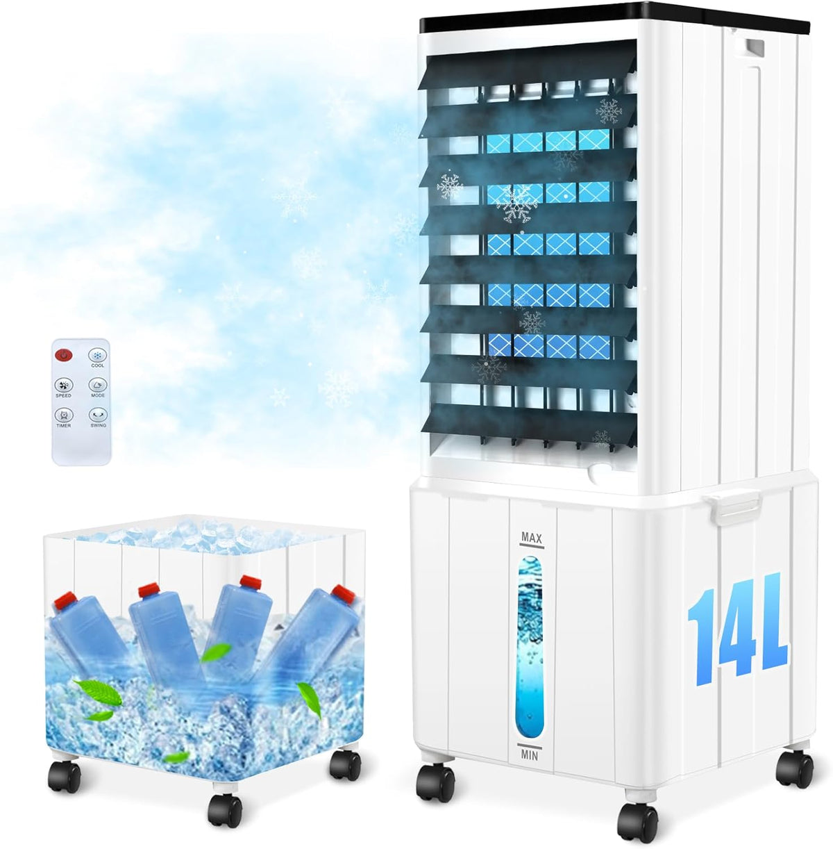 Ar condicionado portátil, JJLVLU, 14L, 60W, 40dB, 3 L, com comando à distância, com temporizador, Branco / Preto, para uso diário