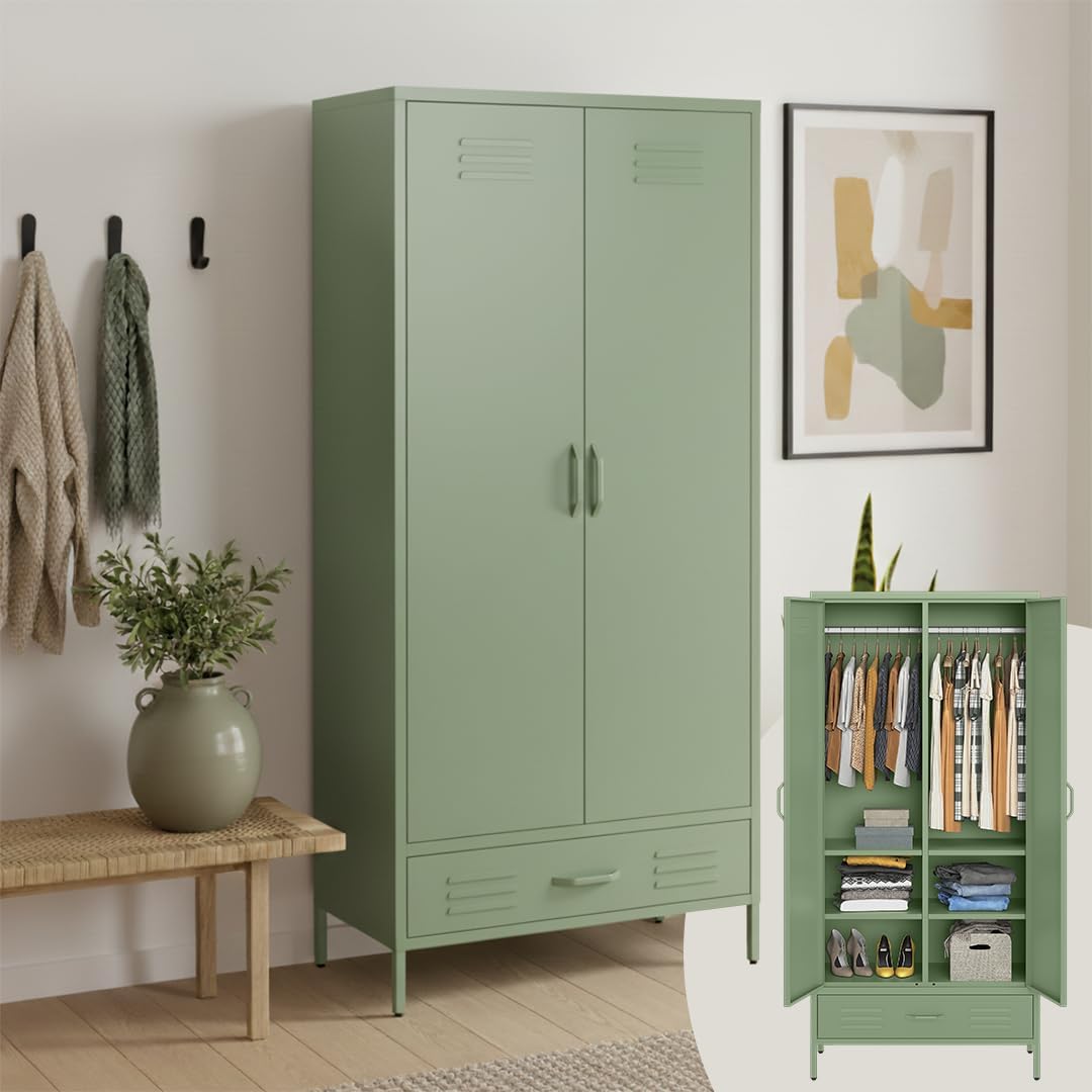 Roupeiro, skølm, Atria, 80 cm, 45 cm, 170 × 80 × 45 cm, altura regulável, regulável, com gavetas, aço, metal, MintVerde, para o quarto
