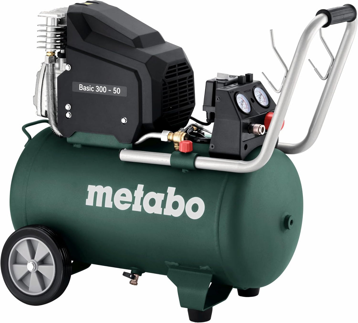 Compressor de ar, metabo, Kompressor, 150 l, 50 l, 10 bar, 300 l, com rodas, Preto / Verde / Prateado, para trabalhos de manutenção