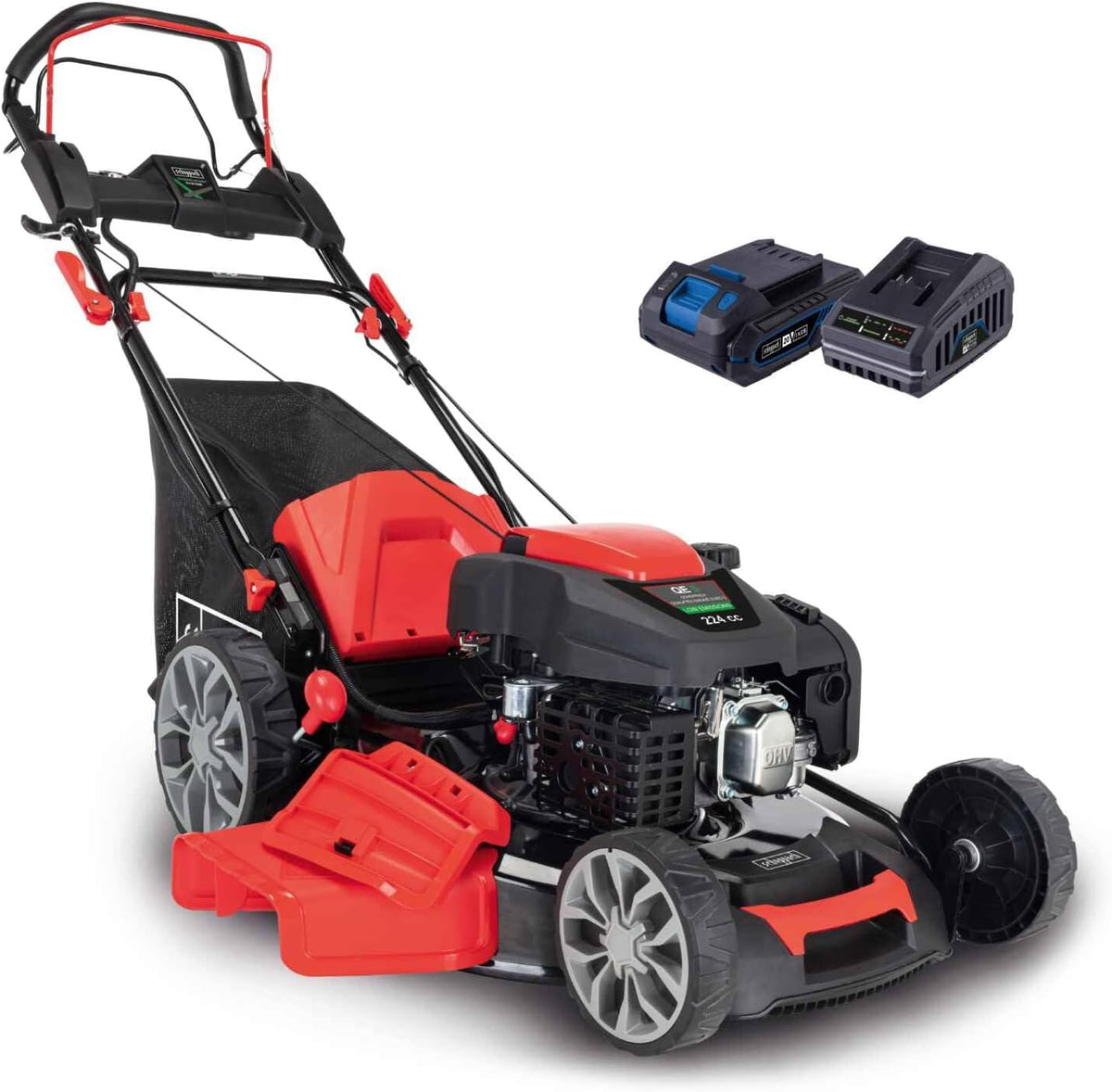 Corta-relva, Scheppach, Benzin, 6PS, 56 cm, 65 L, 4400W, dobrável, com rodas, Vermelho / Preto, para utilização no exterior