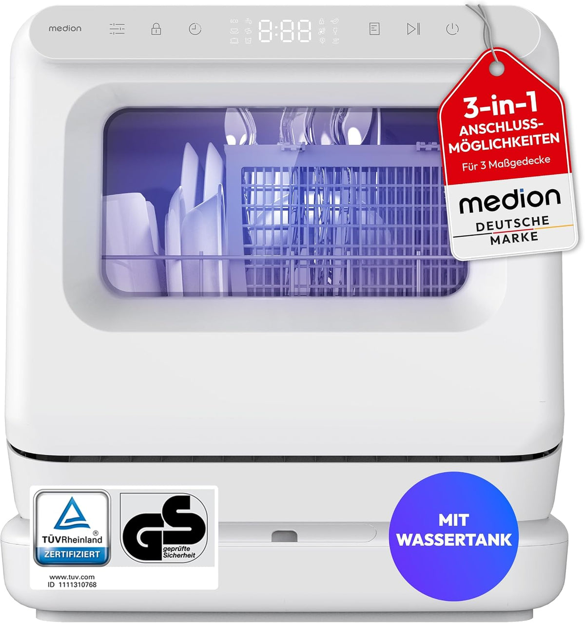 Máquina de lavar loiça, MEDION, Mini, 6 programas, vidro, Branco, para uso diário