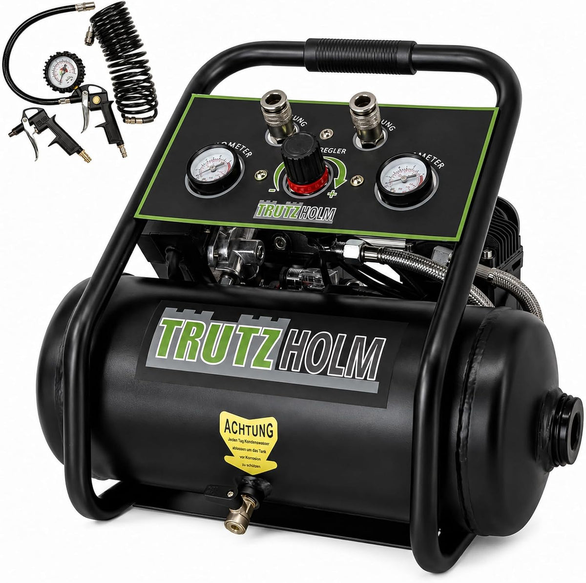 Compressor de ar, TRUTZHOLM, Brushless, 4500W, 62dB, 8 bar, 738 L, com rodas, Preto / Verde, para trabalhos de manutenção