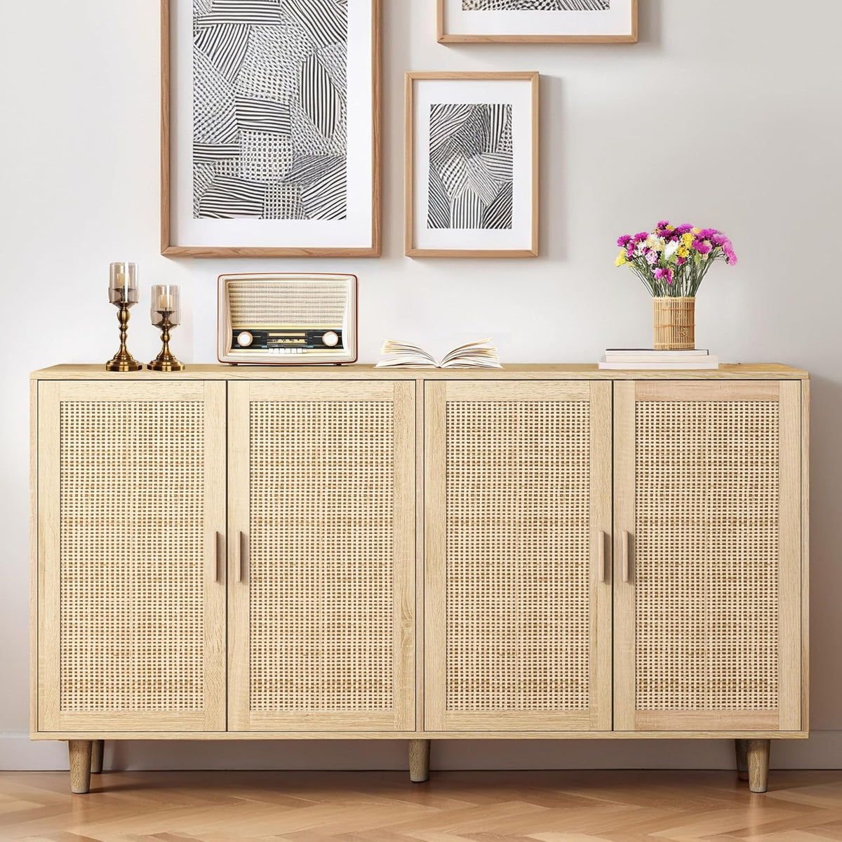 Aparador, VS VanShine, 158 × 40 × 88cm, regulável, com prateleiras, com portas, madeira, ratã, Holzfarbe, para uso diário