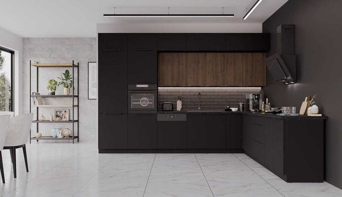 Conjunto de cozinha, Kuechen-preisbombe, Winkelk, 350 × 290 cm, 290 cm, 60cm, 125cm, 122cm, Preto / Castanho, para a cozinha