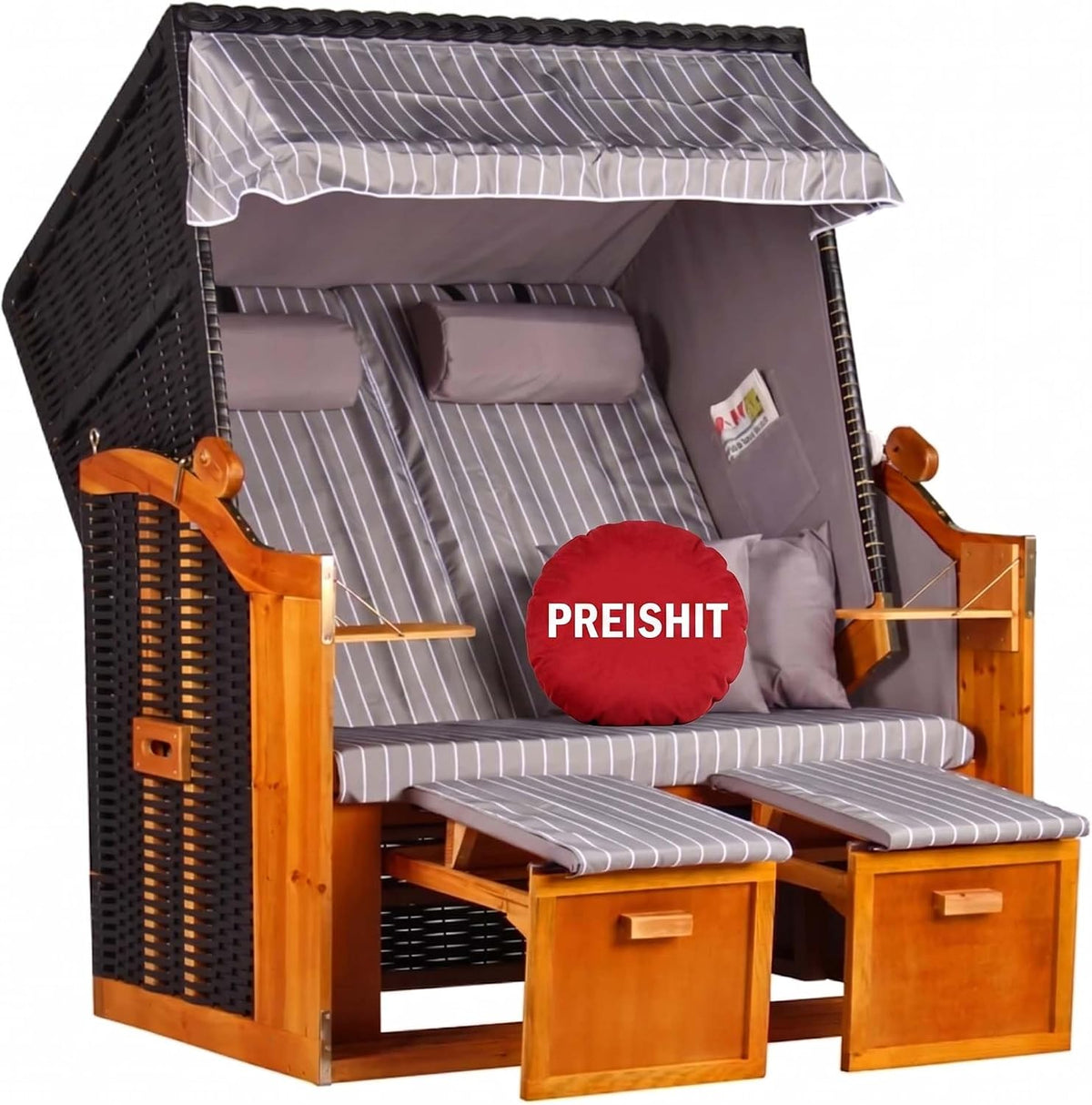 Mobiliário de exterior, MR. DEKO, Strandkorb, 120cm, 160cm, 80cm, 45 kg, regulável, com prateleiras, madeira, ratã, Preto / Cinzento / Holz
