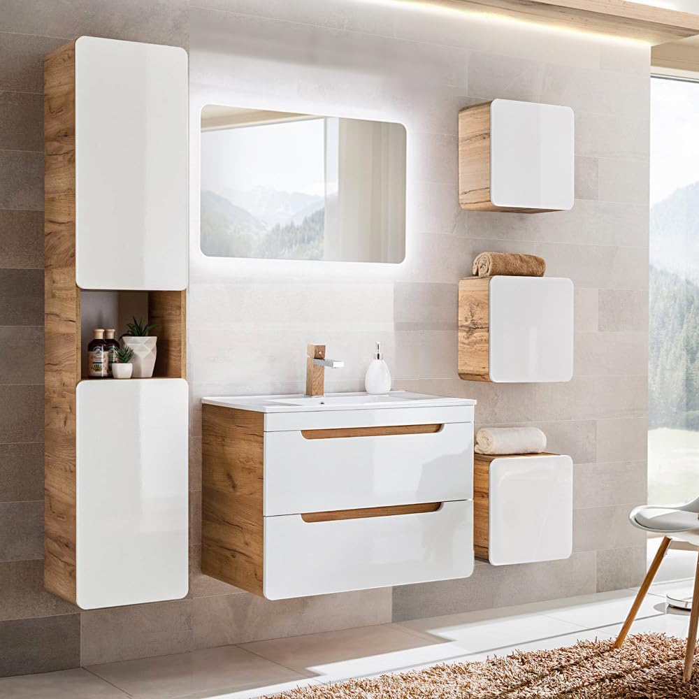 Armário inferior, Lomadox, Badm, 80 cm, 50 cm, 46cm, 26cm, 32cm, com iluminação LED, com gavetas, com portas, painel de madeira, Branco / Holz