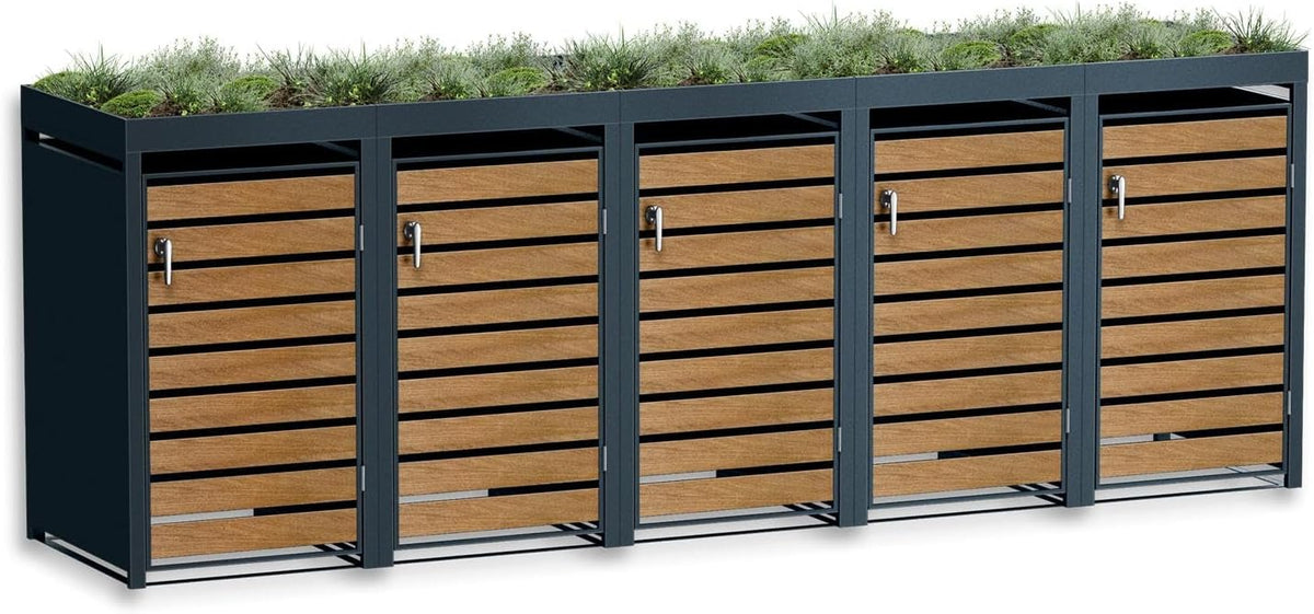 Abrigo para contentores, Metzler, 240L, 80,00 cm, 340,00 × 124,20 × 80,00 cm, aço, madeira, Antracite / Castanho, para utilização no exterior