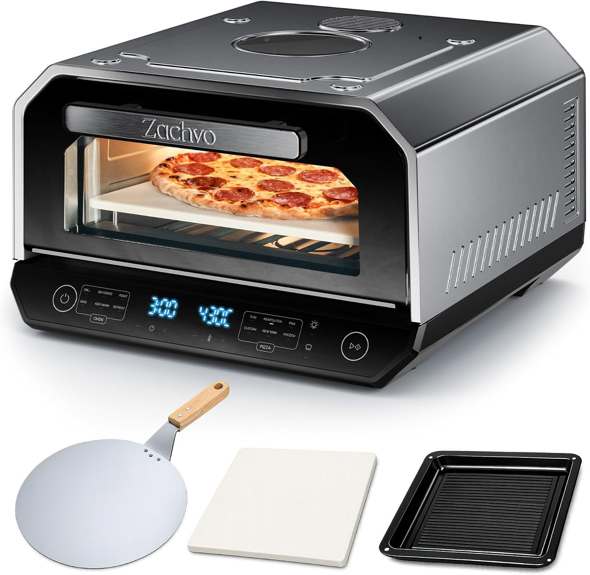 Forno de pizza, ZACHVO, 6 programas, 602A, 14,6L, Preto / Prateado, para a cozinha