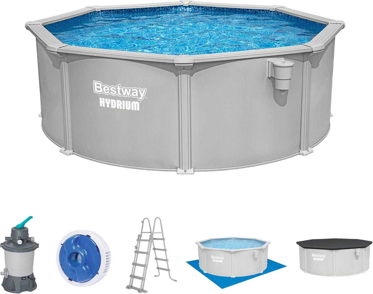 Piscina com estrutura metálica, Bestway, Hydrium, 122 cm, 366 × 122 cm, 3.596 l/h, 85 W, 250 g, aço, GranitCinzento / Azul