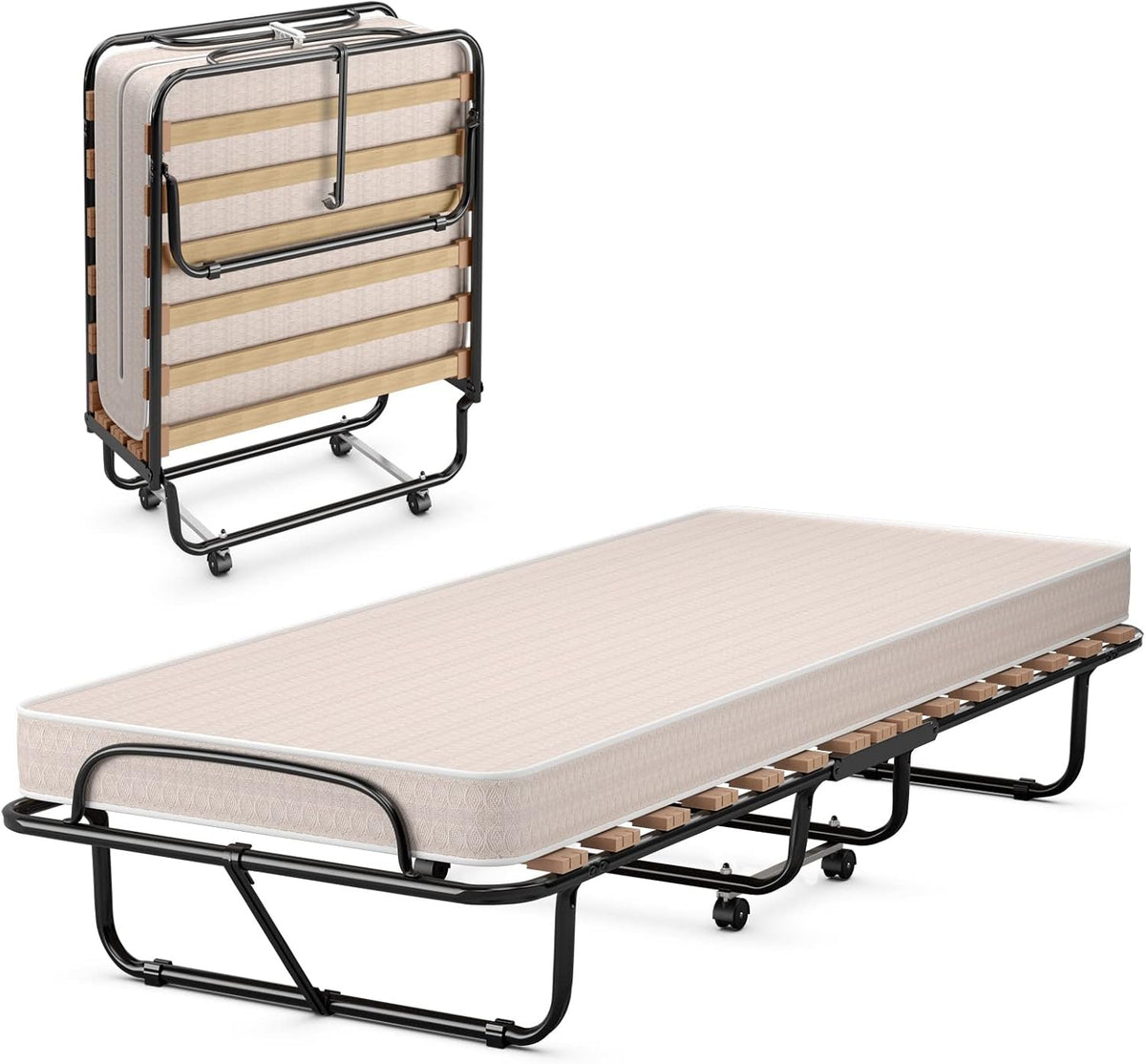 Cama, GOPLUS, 80 × 190 cm, 130 kg, dobrável, com rodas, com colchão, aço, madeira, Bege / Preto, para o quarto