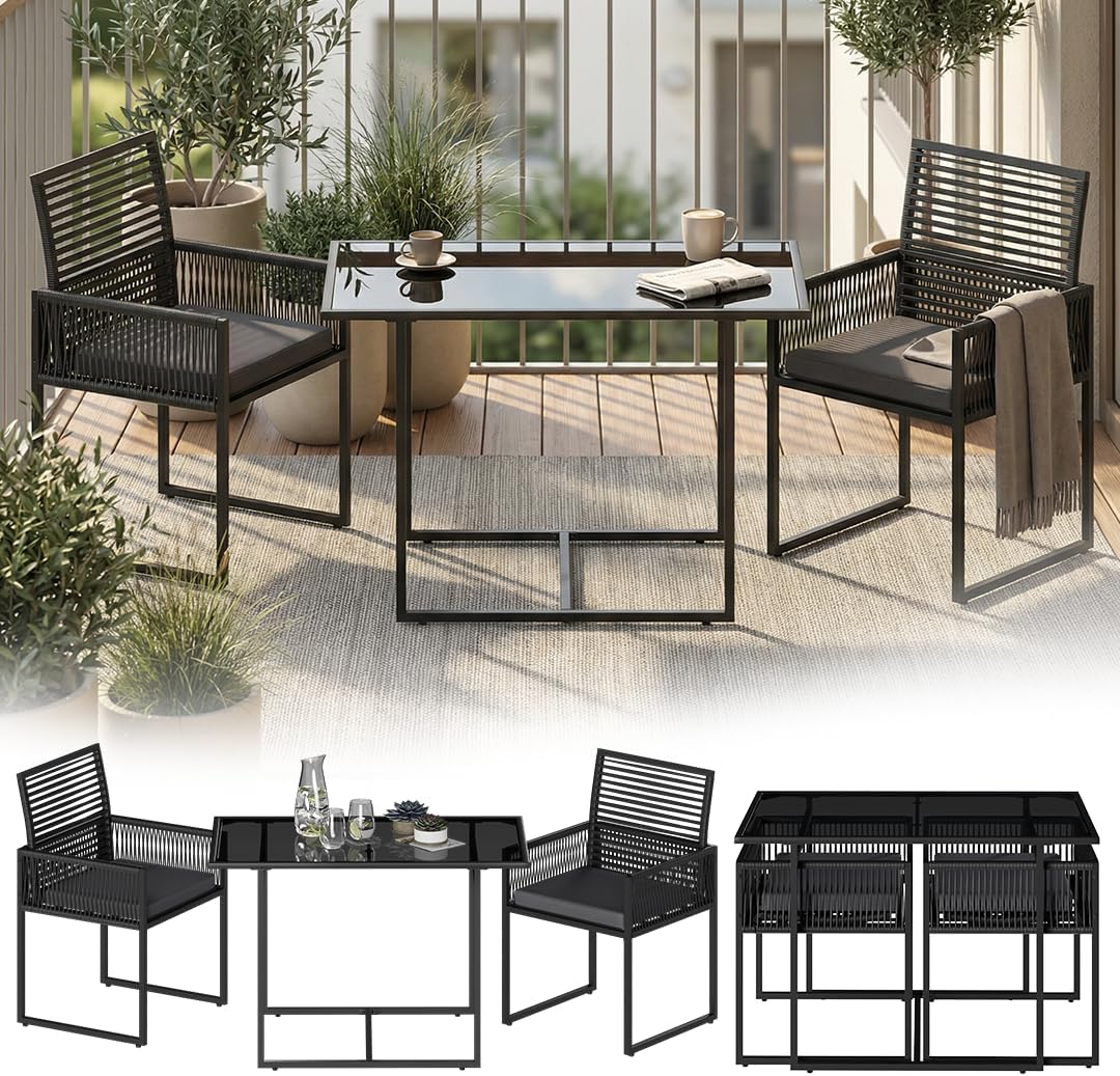 Conjunto de mobiliário de jardim, STEELSØN, Kynaris, 74 cm, 88 cm, 5 cm, 111 × 60 × 74 cm, 53 × 56 × 88 cm, dobrável, aço, ratã, Preto