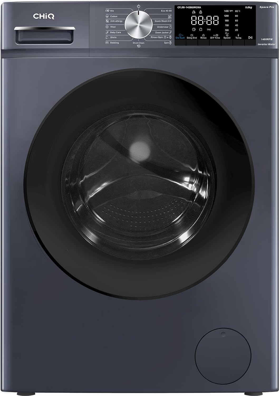 Máquina de lavar roupa, CHiQ, Waschmaschine, 9 kg, 1400 U/min, 85 cm, 60 × 58 × 85 cm, com função de autolimpeza, Cinzento / Preto, para uso diário