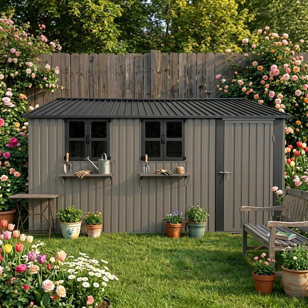 Abrigo de jardim, Bladez, 6 × 3 m, 284,2 cm, 205 cm, 359,4 × 284,2 cm, 370,8 × 303,8 × 205 cm, resistente à água, aço, Natural, para jardim e exterior