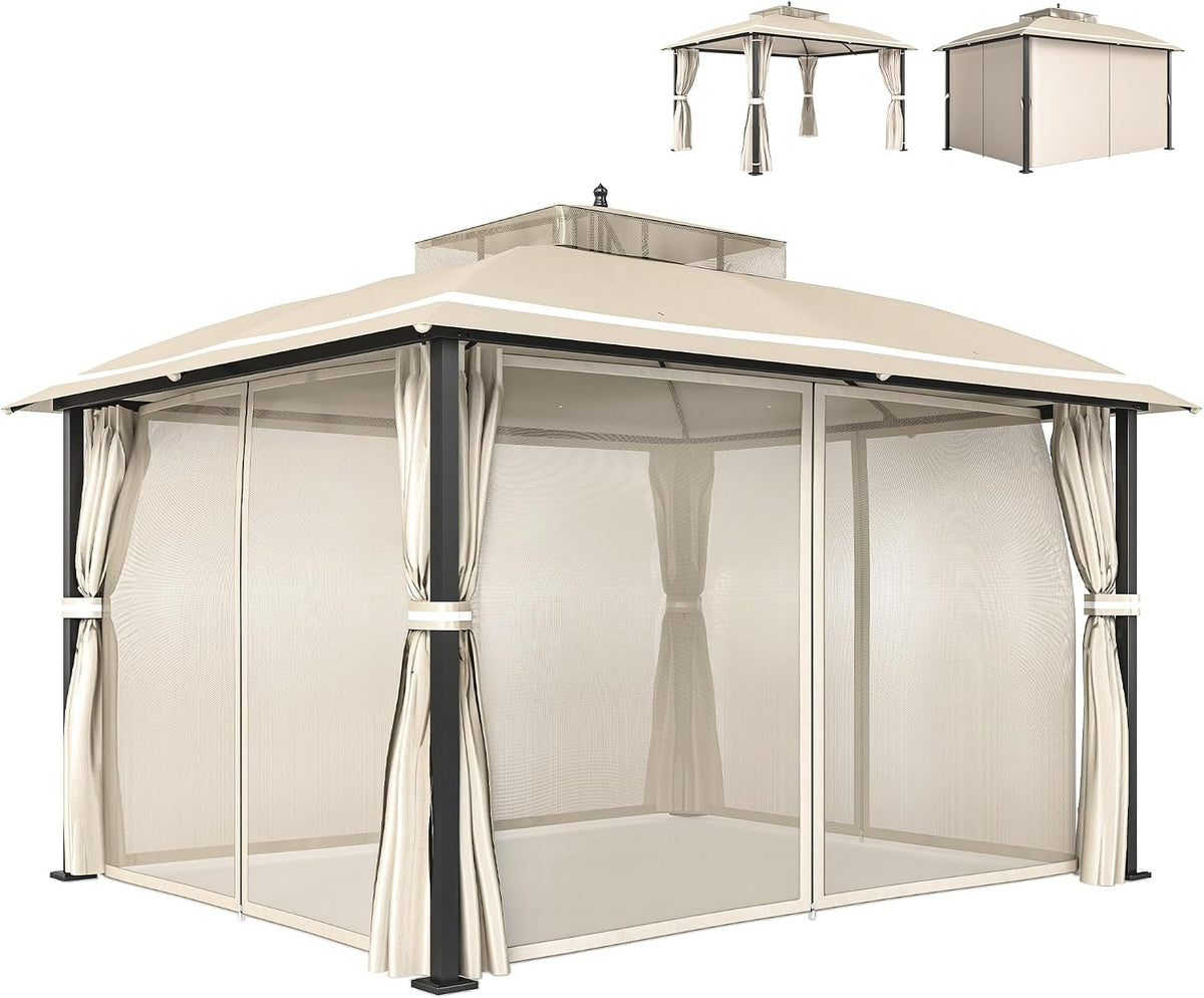 Tenda de jardim, Outsunny, 7 m, 370 × 303 × 290 cm, 3 pessoas, resistente à água, Bege, para jardim e exterior