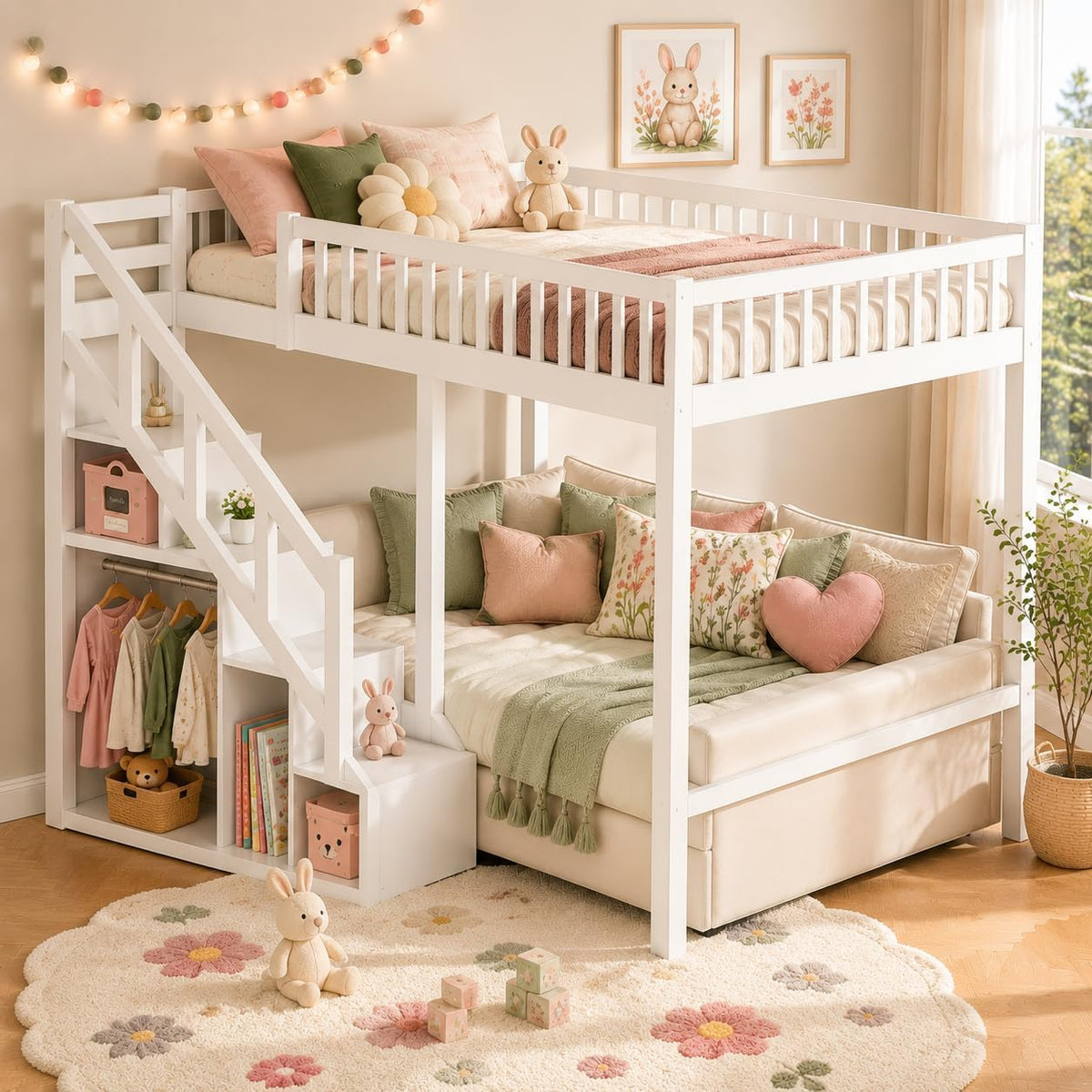 Cama, HOOGDLJ, com prateleiras, com portas, sem colchão, madeira, Branco, para o quarto