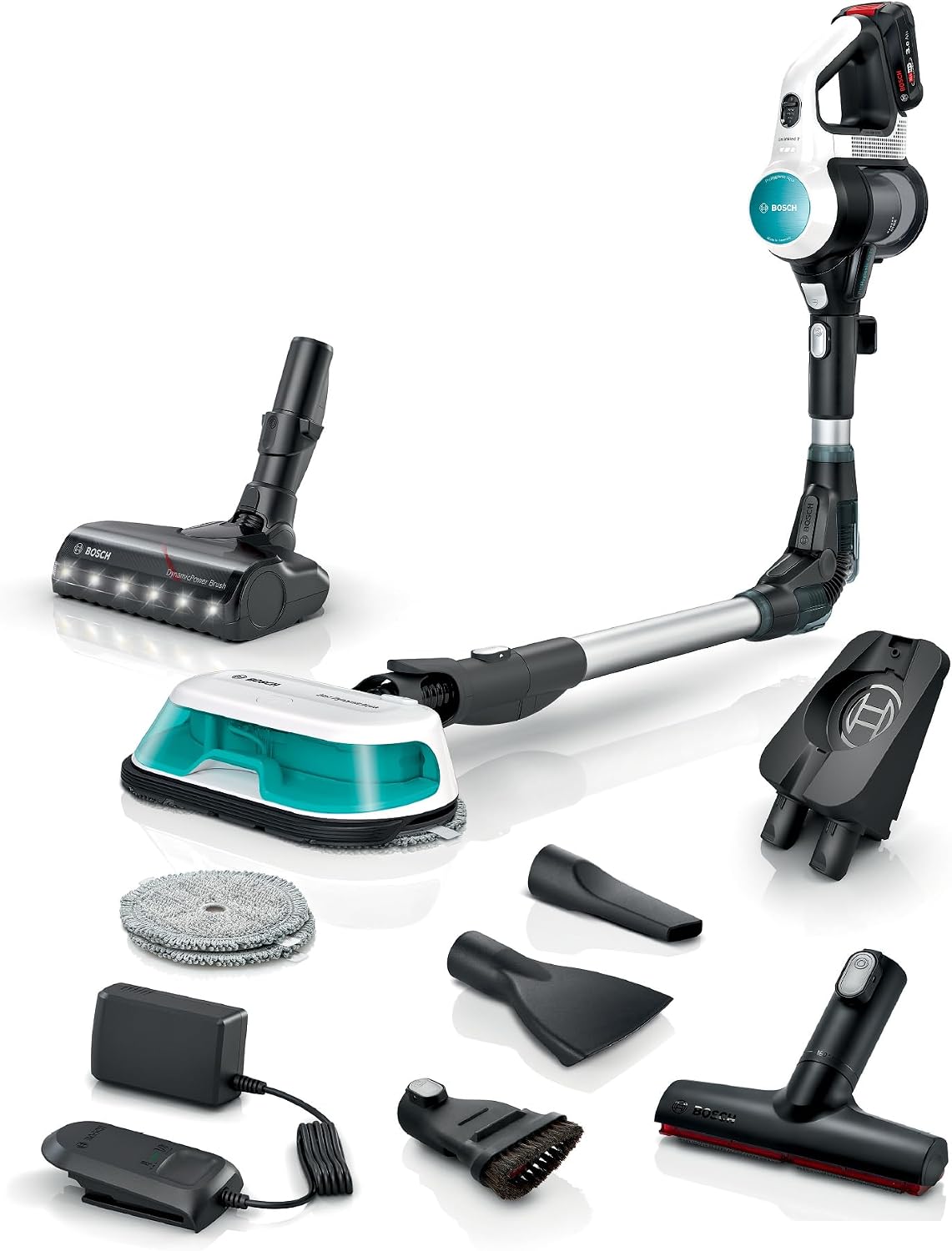 Bosch, Aspirador vertical, Akku-Staubsauger, 3.0 Ah, com iluminação LED, com bateria, com carregador, Branco / Preto / Prateado, para uso diário