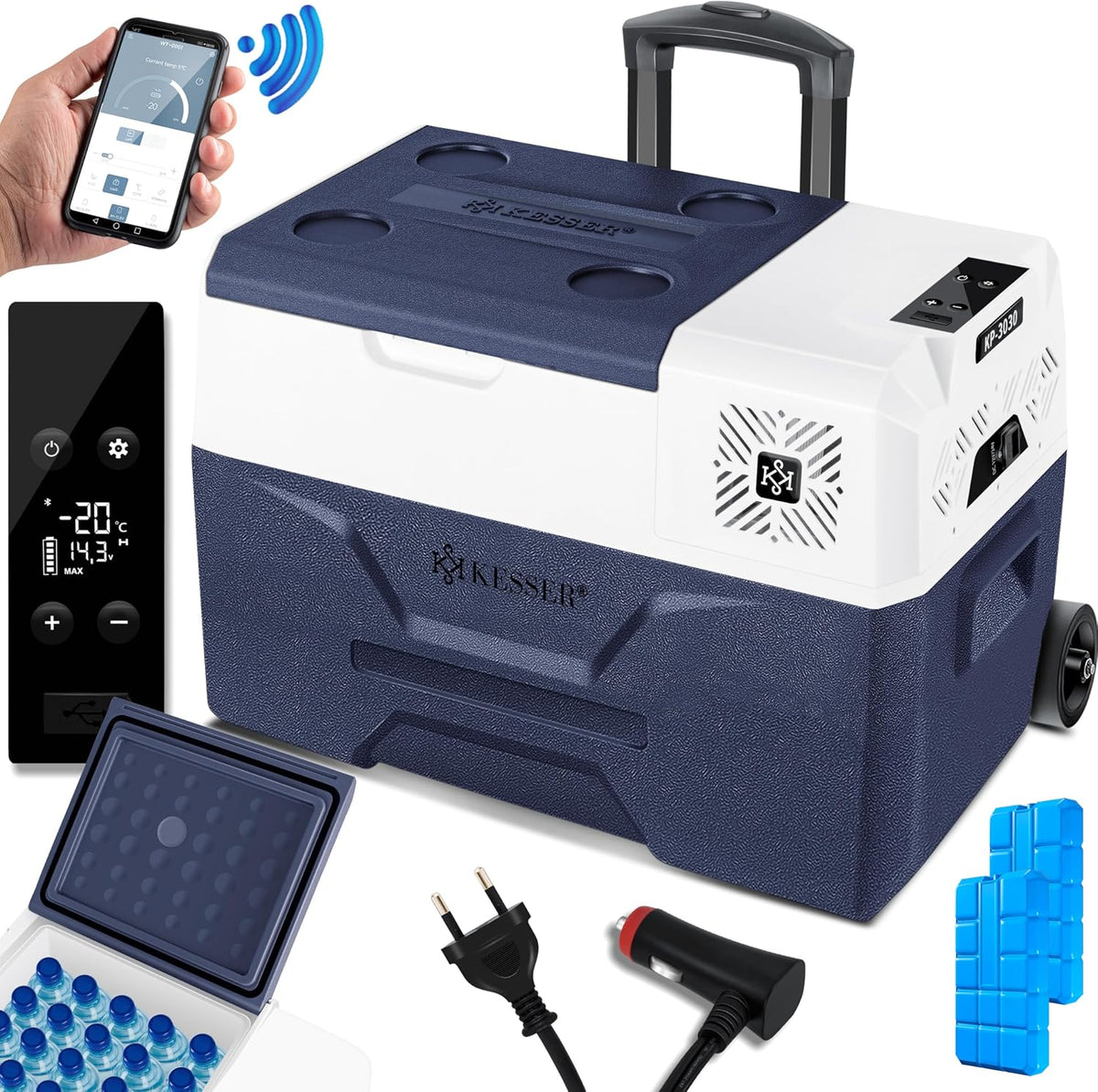 Frigorífico, KESSER, Kompressor, 30L, 230V, com controlo por aplicação, com rodas, Azul / Branco, para uso diário