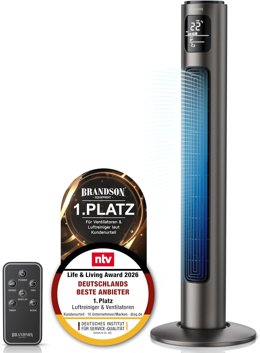 Ventoinha de torre, Brandson, 96 cm, 3 níveis, 45 W, 38 dB, com comando à distância, com temporizador, Graphit, para uso diário