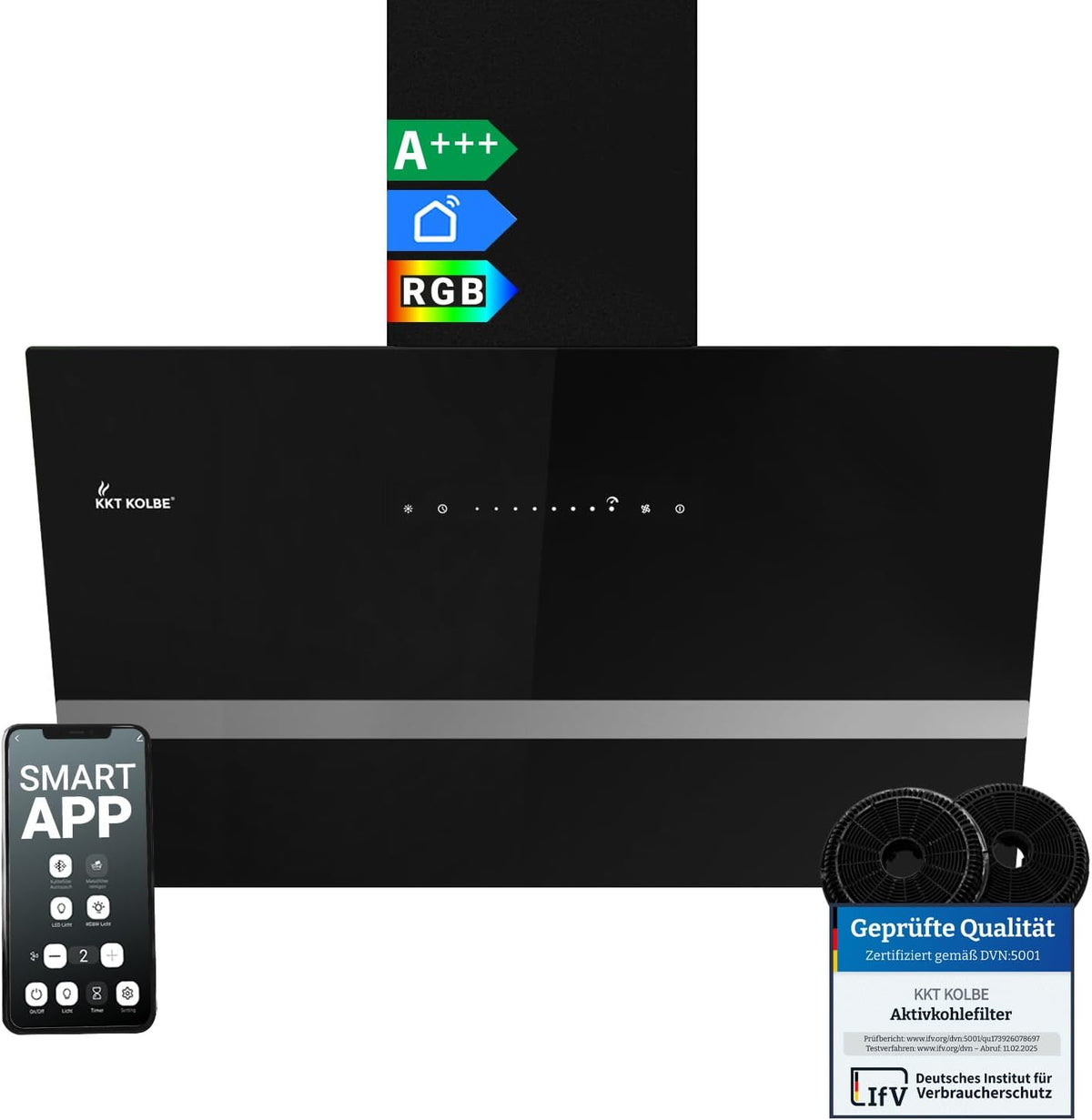 Exaustor, KKT KOLBE, Dunstabzugshaube, 80 cm, classe energética A+++, com iluminação LED, com controlo por aplicação, vidro, Preto, para uso diário
