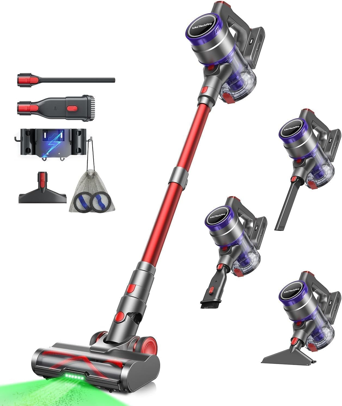 Aspirador vertical, VACTechPro, 55KPa/600W, 600W, Vermelho / Roxo, para uso diário